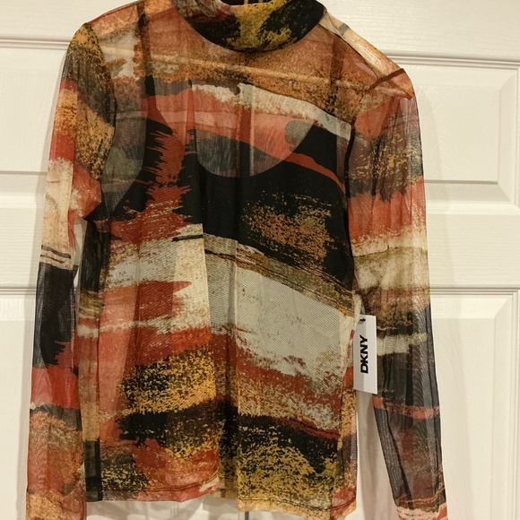 DKNY Mock Neck Long Sleeve Mesh Top. Brown, rust, gold with black shell. Large - Picture 2 of 5
